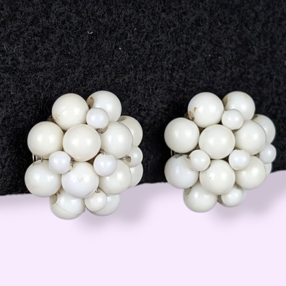 (2/$20) V. White Milk Glass Beaded Floral Earrings